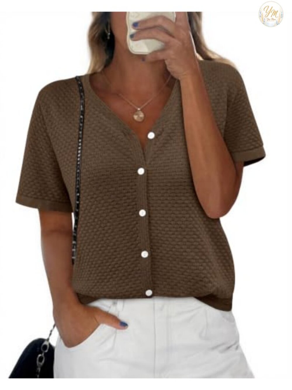 Women's Short Sleeve Crochet Knit Cardigan Sweater Button Down V-Neck